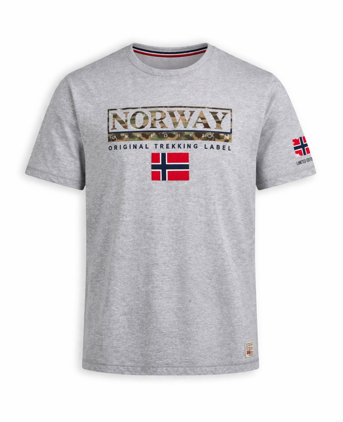 Gray Norway flag graphic t-shirt flat lay 93% cotton wholesale