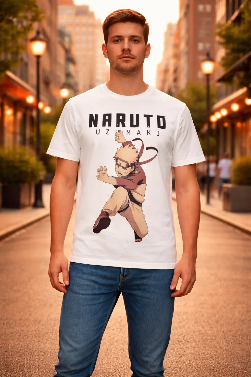 Person wearing a white t-shirt with 'Naruto' graphic design on a city street.