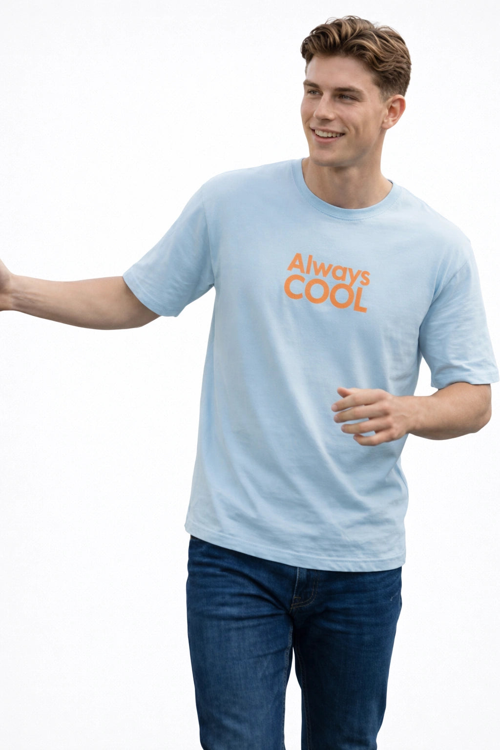Man wearing a light blue t-shirt with 'Always Cool' text on a white background