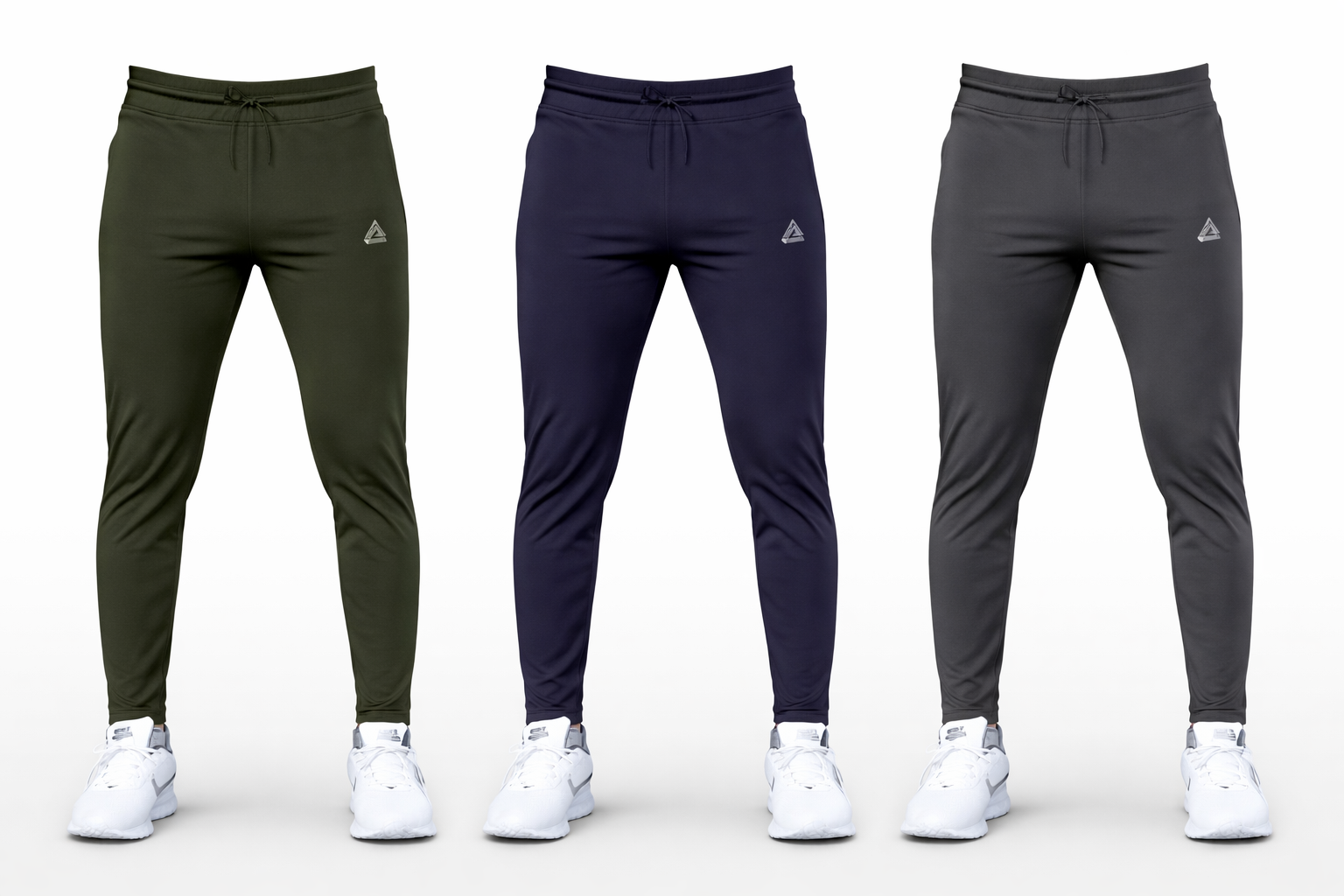Three pairs of jogger pants in green, navy, and gray on a white background