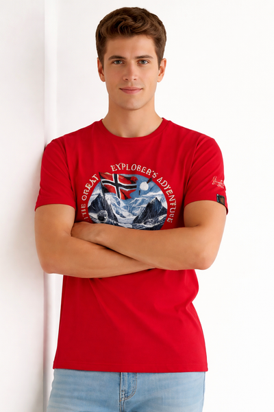 Man wearing a red t-shirt with a graphic design on a white background