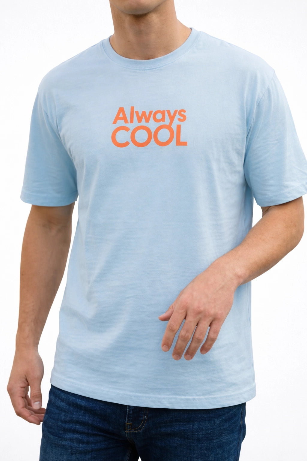 Light blue t-shirt with 'Always Cool' text worn by a person on a white background