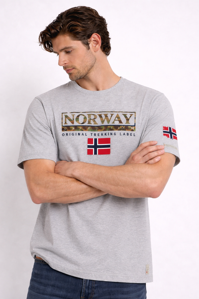 Man wearing a gray t-shirt with 'Norway' and flag design on a white background