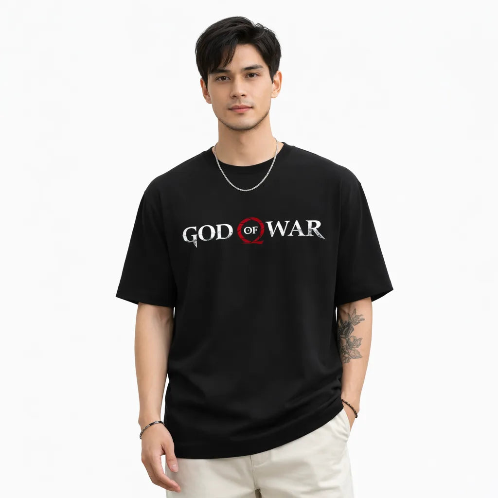 Black God of War t-shirt front view worn by male model with logo design