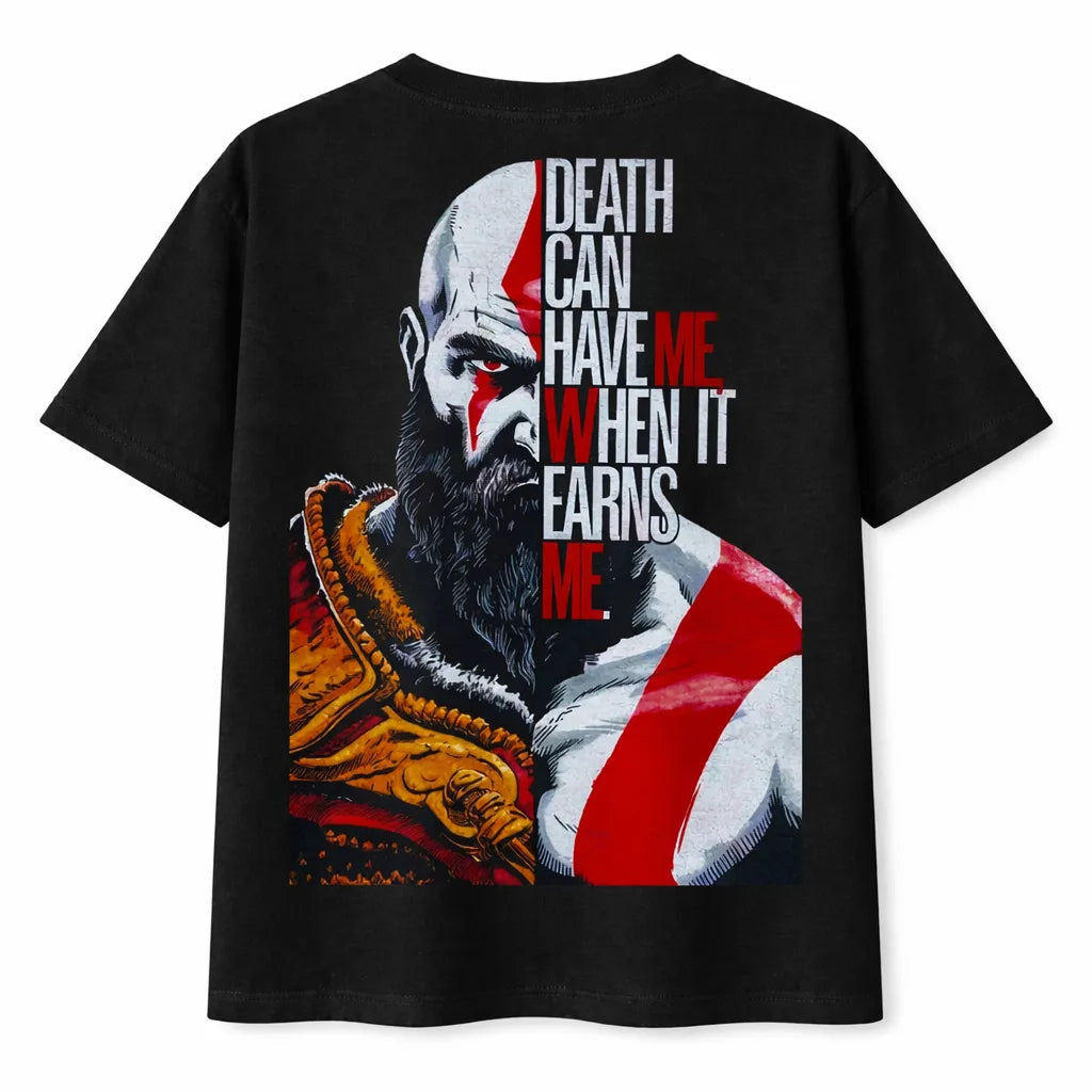 God of War t-shirt back print featuring Kratos and quote design on black shirt