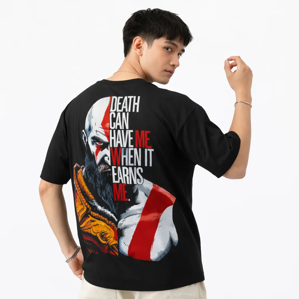 Black God of War t-shirt back view worn by male model featuring Kratos graphic design