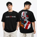 Black God of War t-shirt front and back view showing logo and Kratos artwork