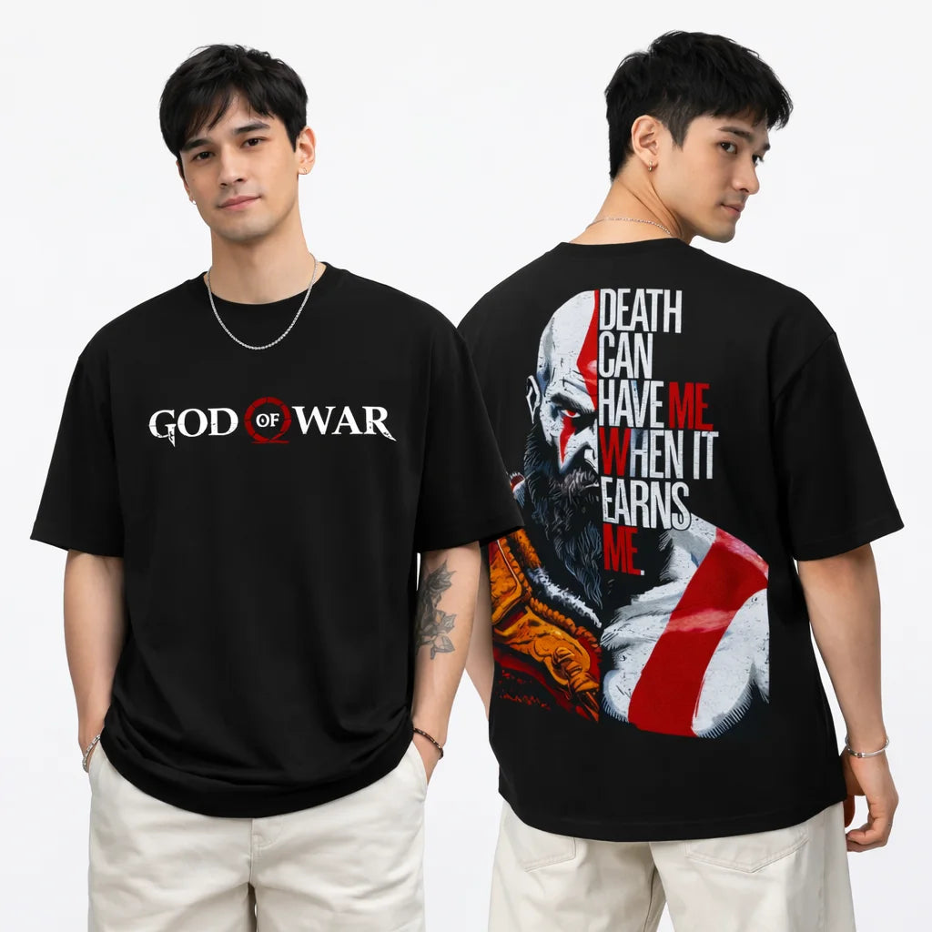 Black God of War t-shirt front and back view showing logo and Kratos artwork