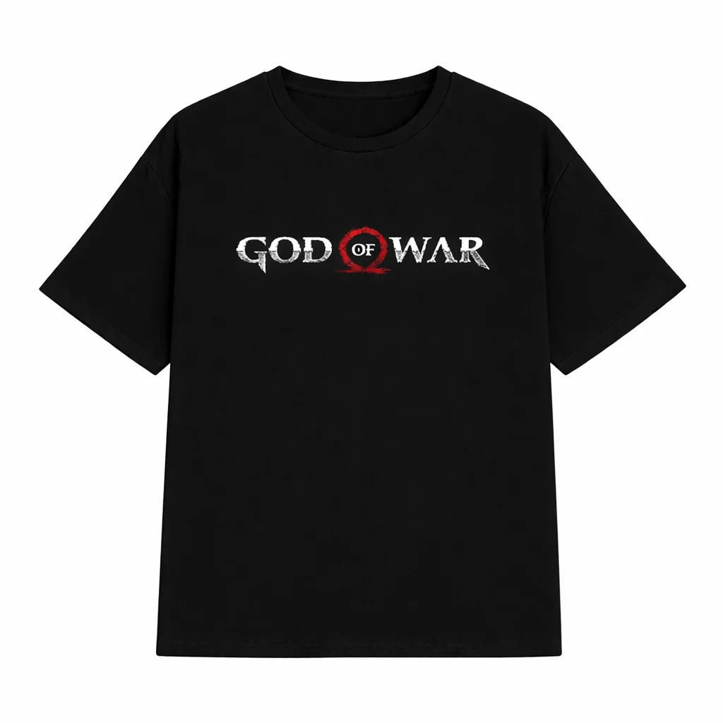 Black God of War t-shirt front logo with red omega symbol design