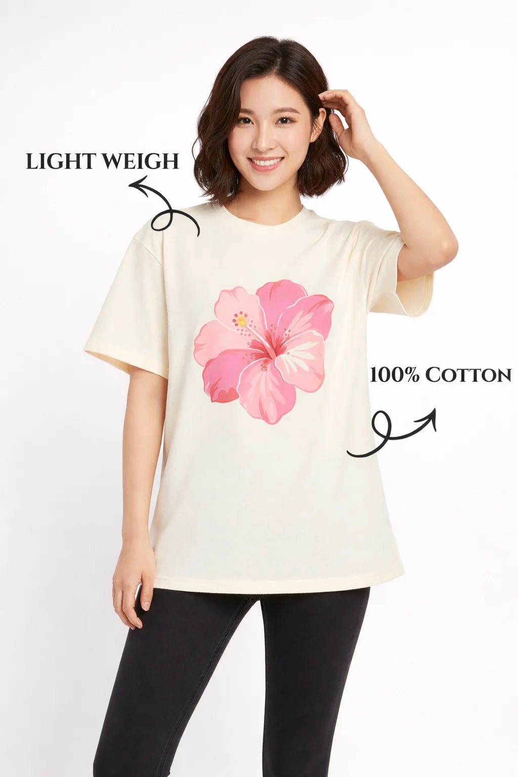 Women oversized cotton t-shirt cream floral print India