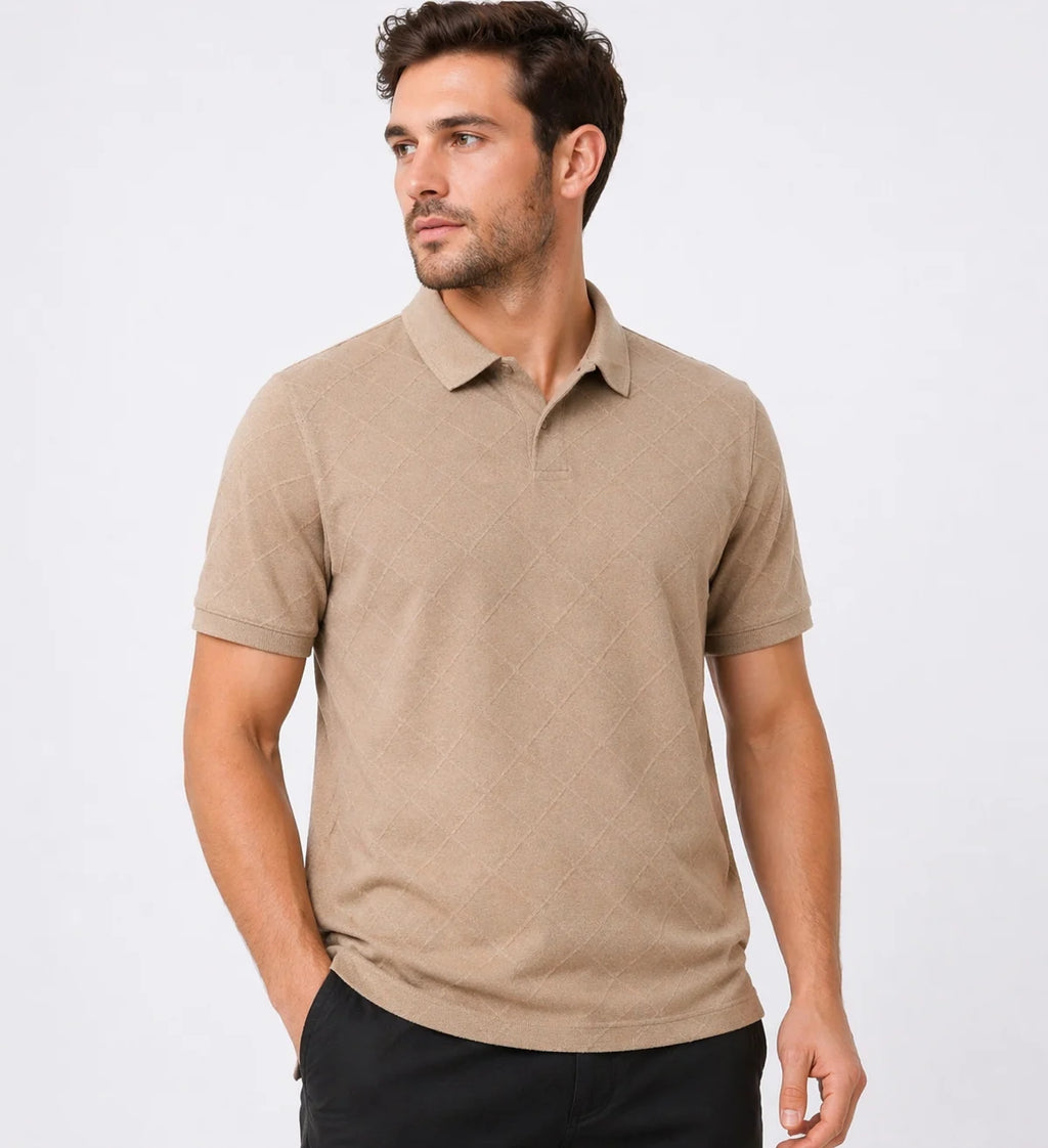 Men wearing premium cotton pique polo t-shirt in beige