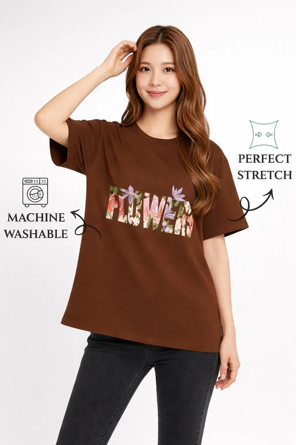 “Brown oversized t-shirt floral print women combo India”